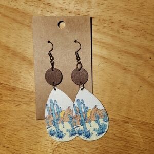 Faux Wooden Desert Cactus Mountain Scene Dangling Earrings NEW